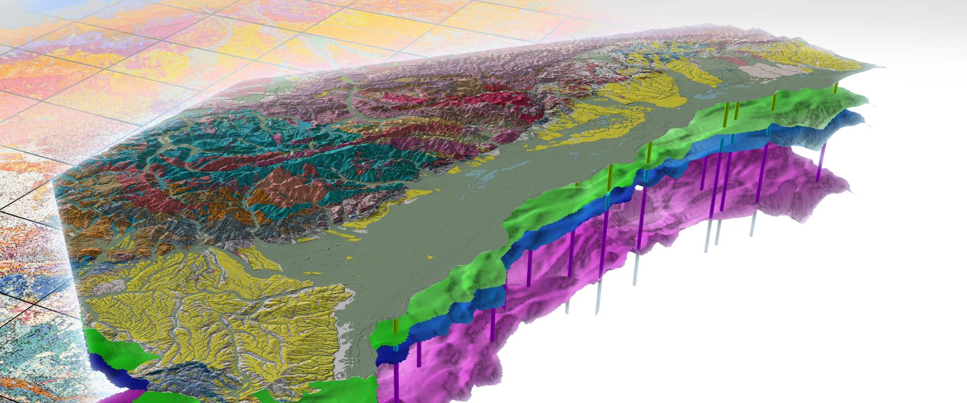 Vue en 3D vers le nord-ouest de la plaine d’Alsace et du massif des Vosges - © BRGM - D. Rambourg Bandeau Cartes et Données